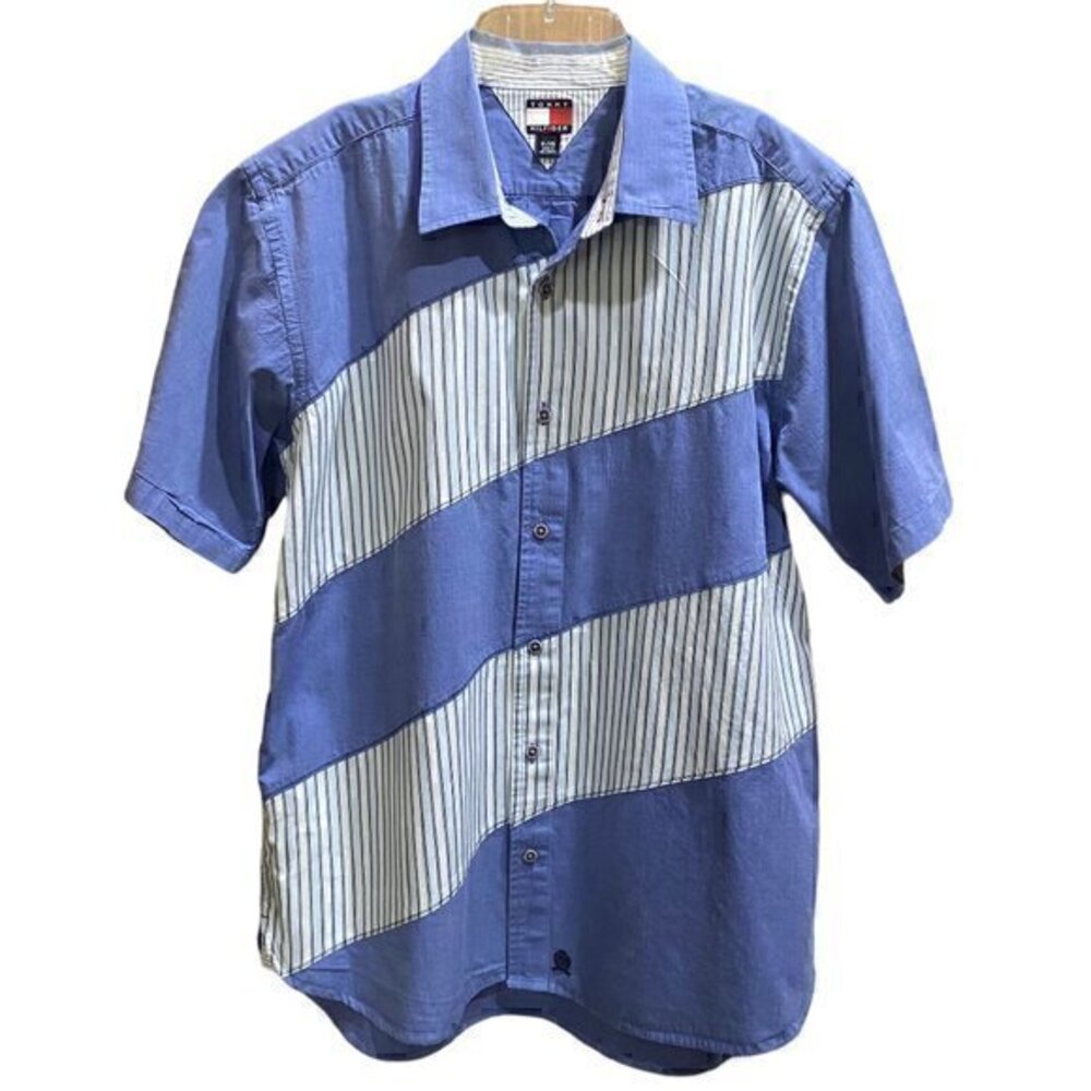 Vintage Y2K 90's Tommy Hilfiger Mens Shirt Button Down Patched Stripped Size XL